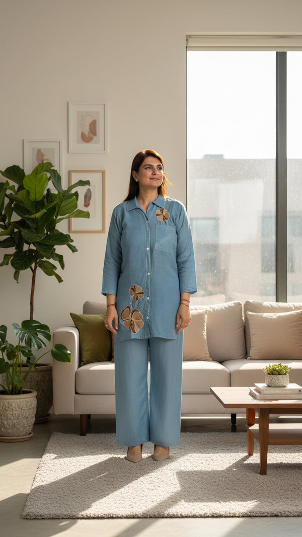 Sky Blue Floral Appliqué Cotton Co-ord Set
