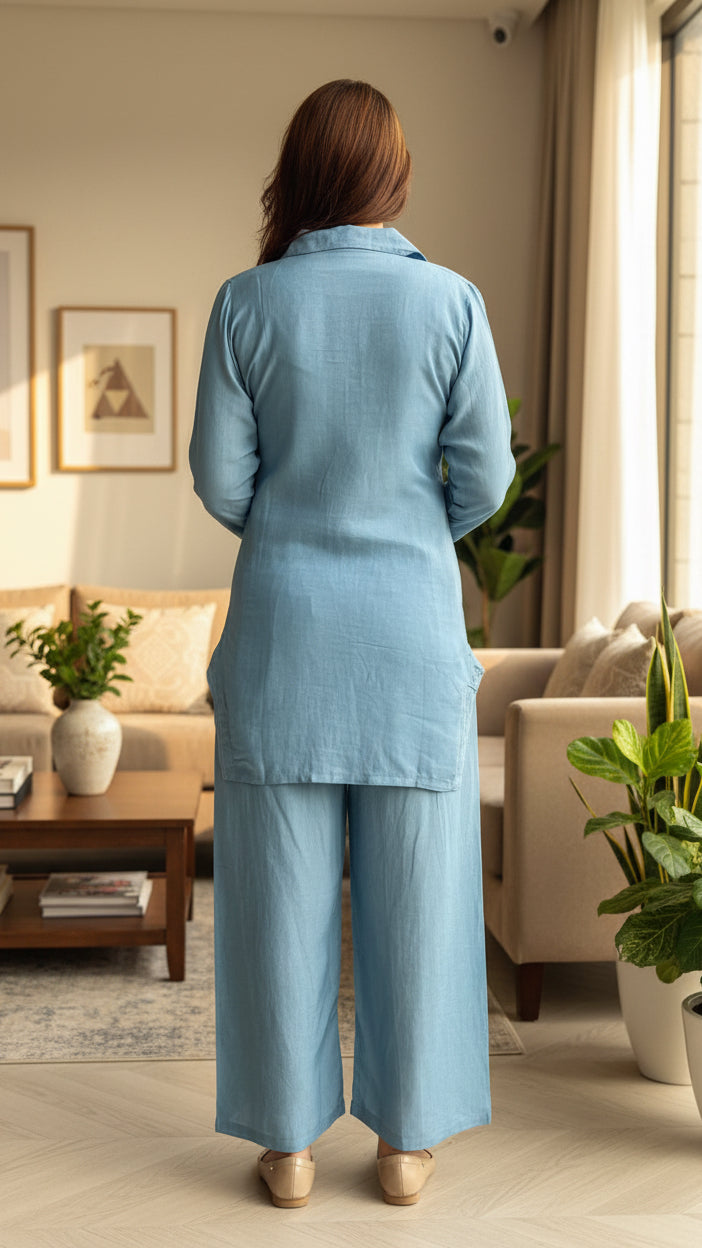 Sky Blue Floral Appliqué Cotton Co-ord Set