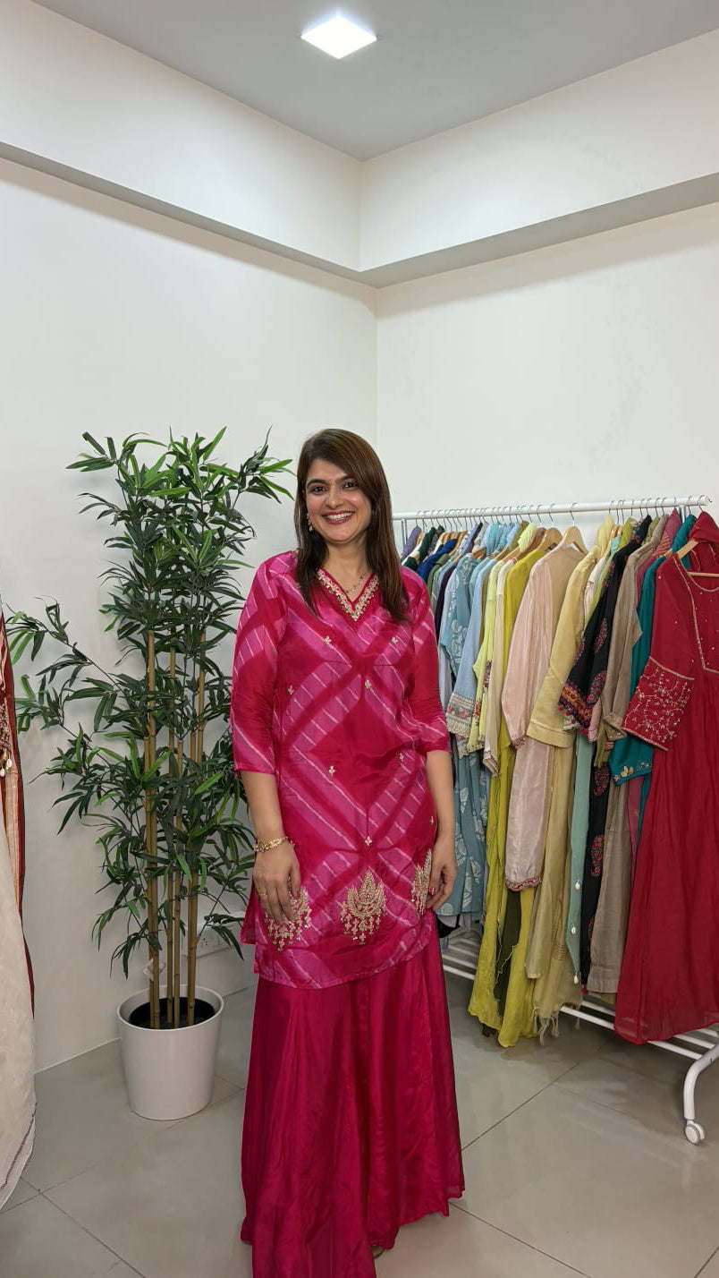 Rani Pink HO Silk Leheriya Embroidered Kurti Palazzo Set