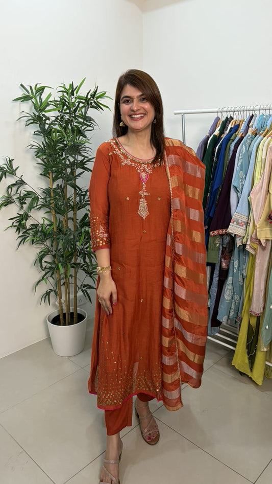 Rust Orange Mul Chanderi Embroidered Suit Set with Dupatta