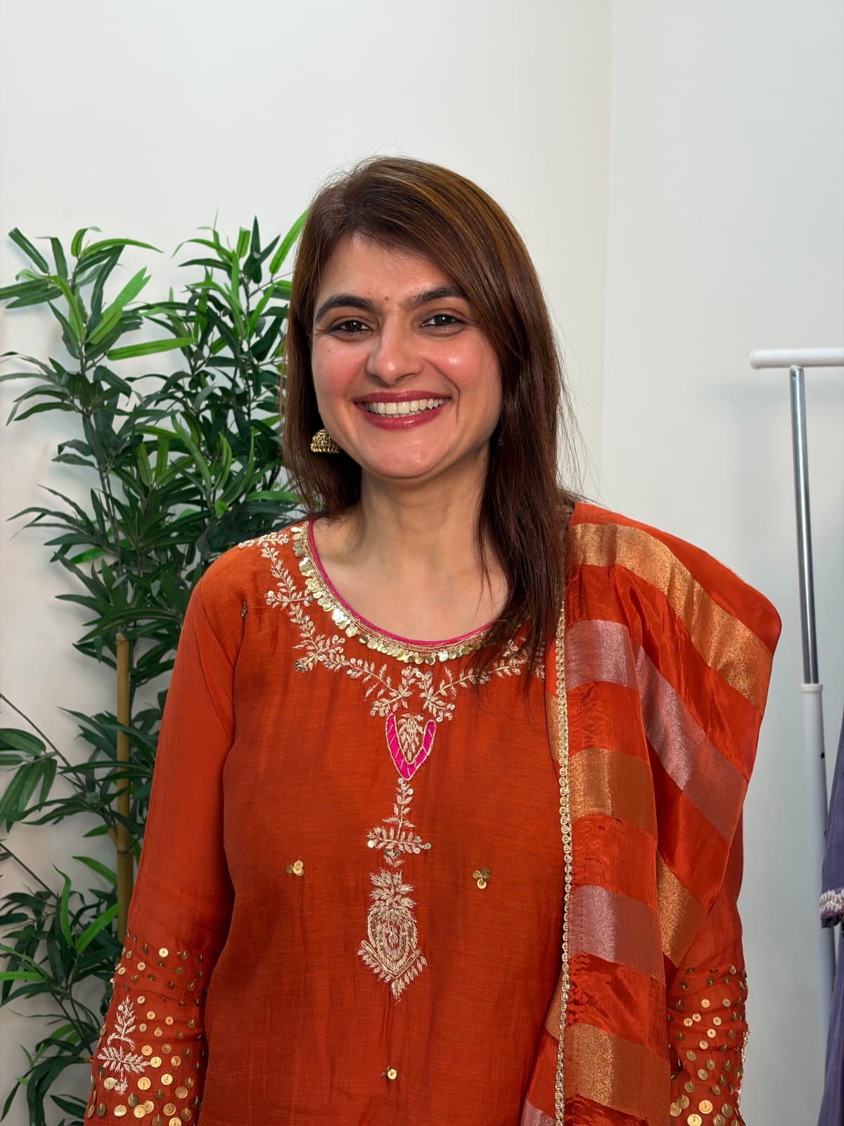 Rust Orange Mul Chanderi Embroidered Suit Set with Dupatta