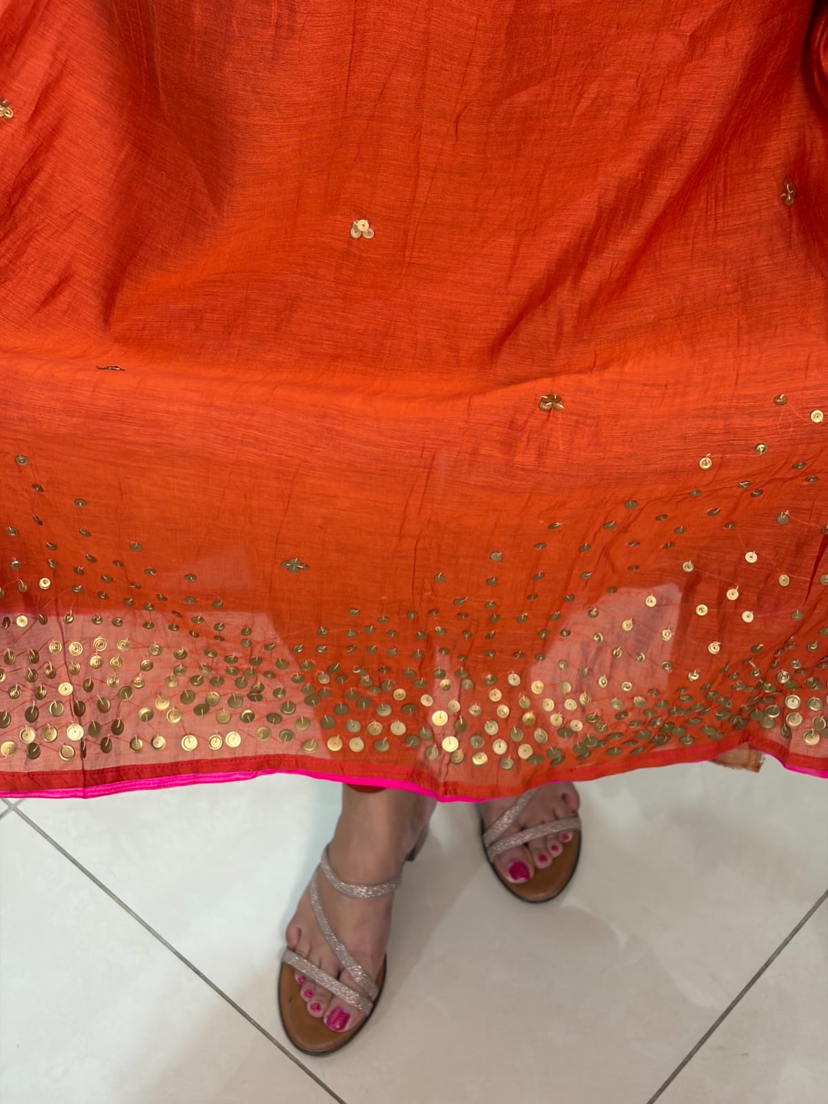 Rust Orange Mul Chanderi Embroidered Suit Set with Dupatta
