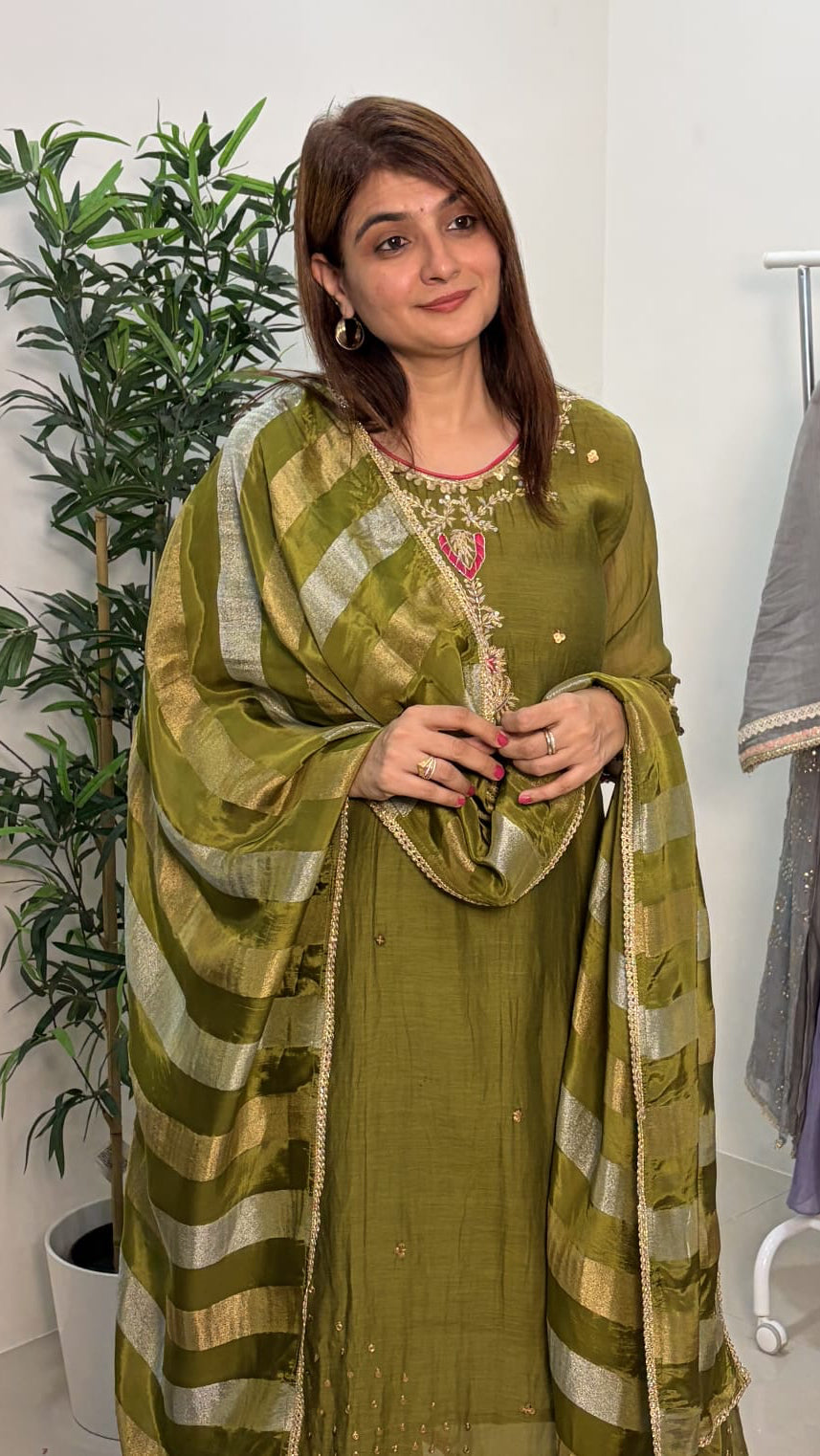 Olive Green Mul Chanderi Embroidered Suit Set with Dupatta