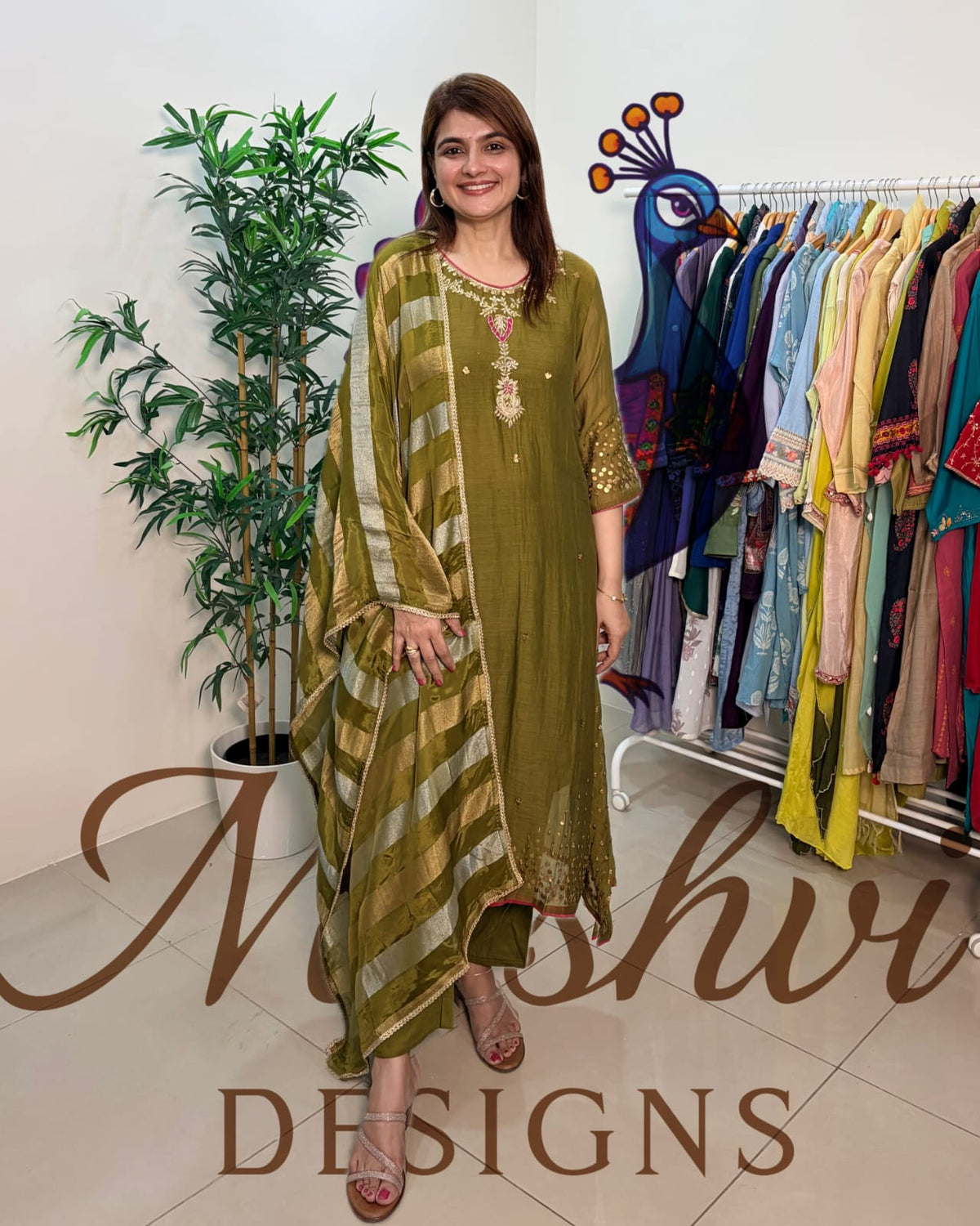 Olive Green Mul Chanderi Embroidered Suit Set with Dupatta