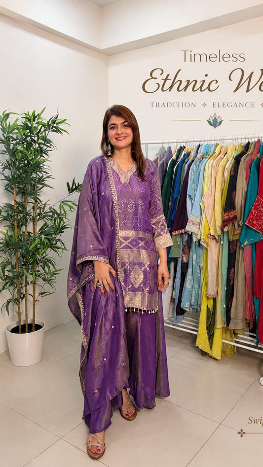 Royal Purple Pure Tissue Shimmer Bandhani Sharara Suit Set