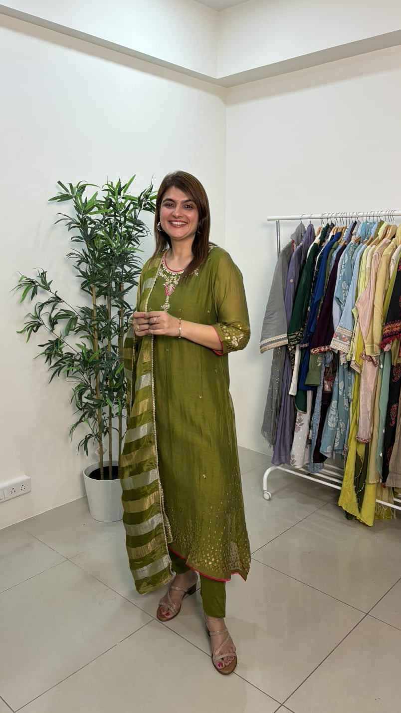 Olive Green Mul Chanderi Embroidered Suit Set with Dupatta