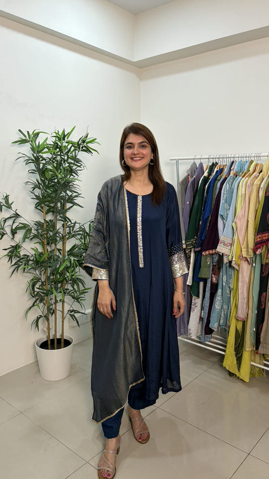 Midnight Navy Blue Embellished Suit Set with Dupatta