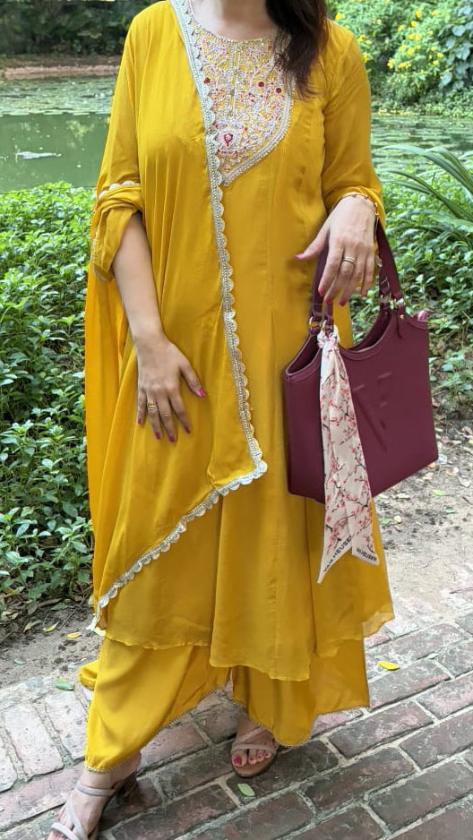 Mustard Yellow Embroidered Festive Kurta Palazzo Set with Dupatta