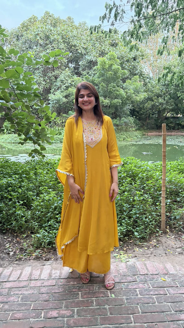 Mustard Yellow Embroidered Festive Kurta Palazzo Set with Dupatta