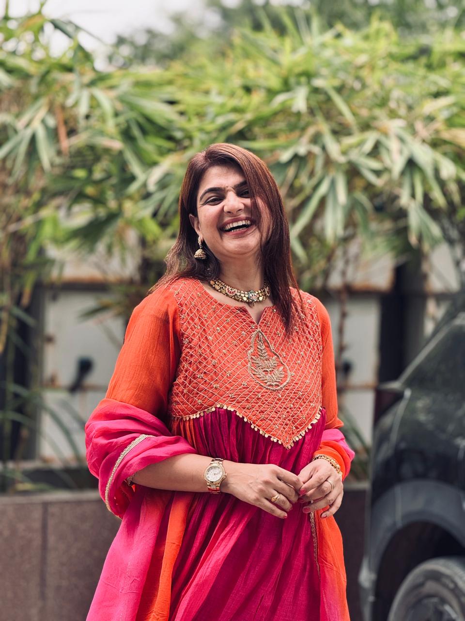 Rani Pink & Orange Mul Chanderi Handwork Suit Set