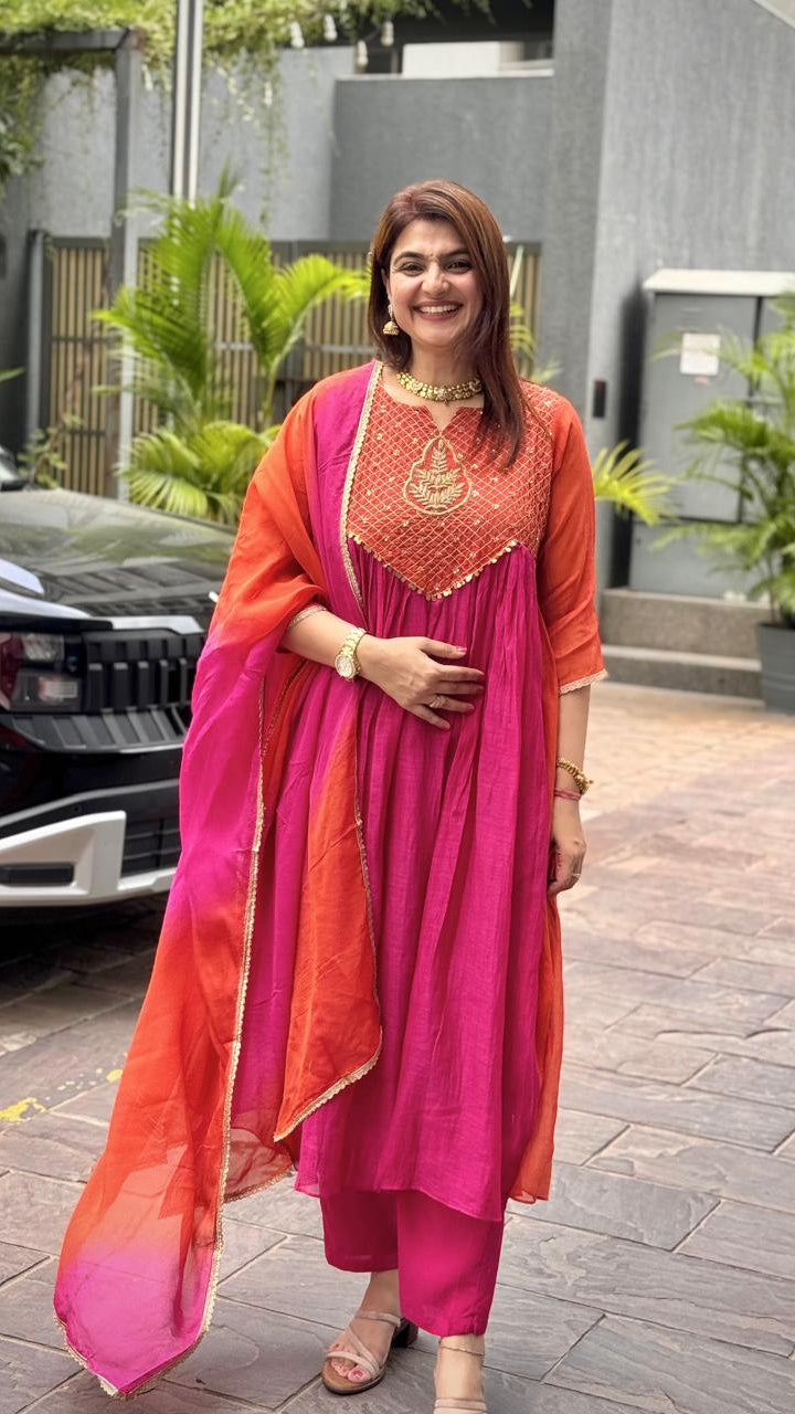 Rani Pink & Orange Mul Chanderi Handwork Suit Set