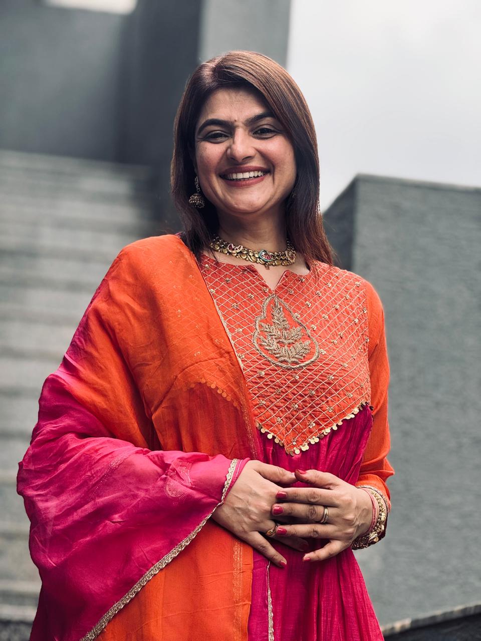 Rani Pink & Orange Mul Chanderi Handwork Suit Set