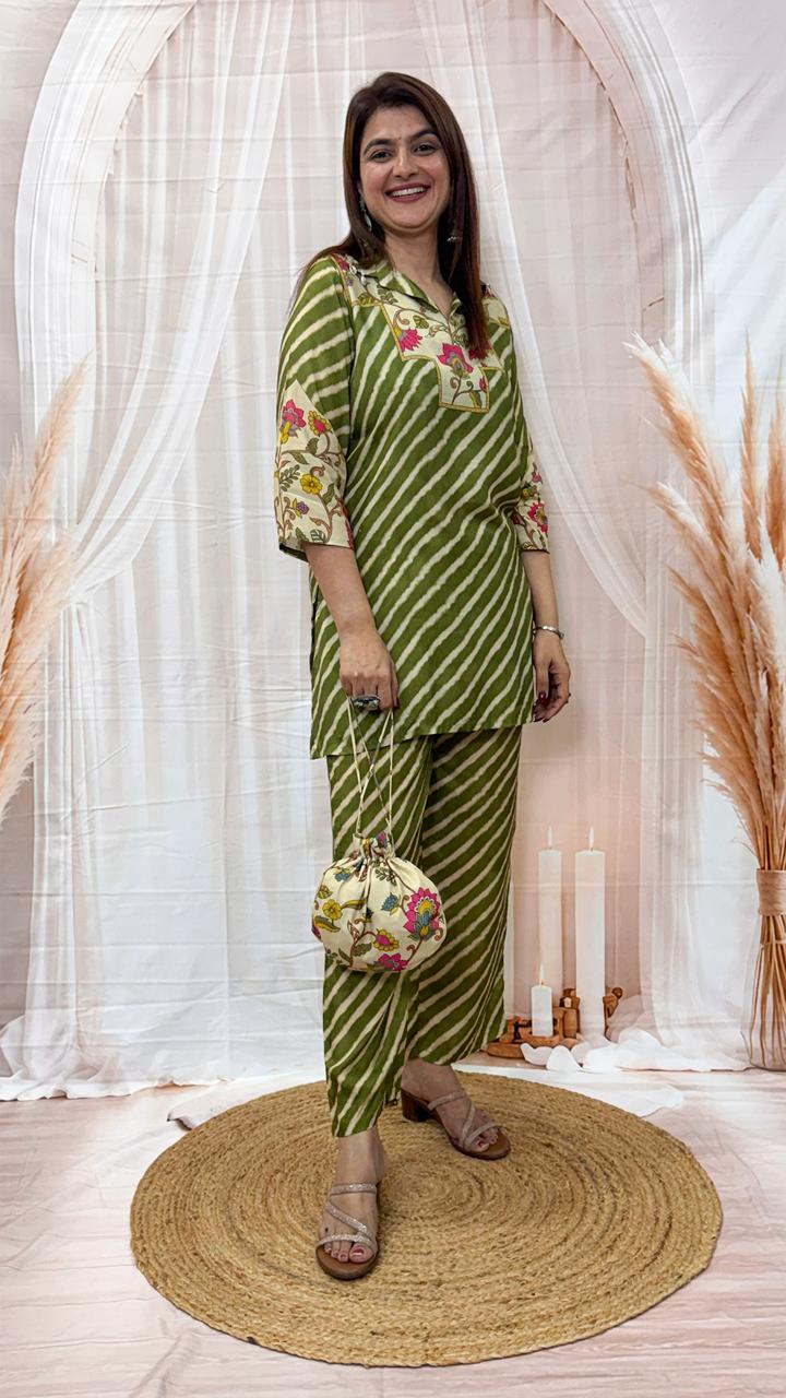 Olive Green Leheriya Printed Co-ord Set