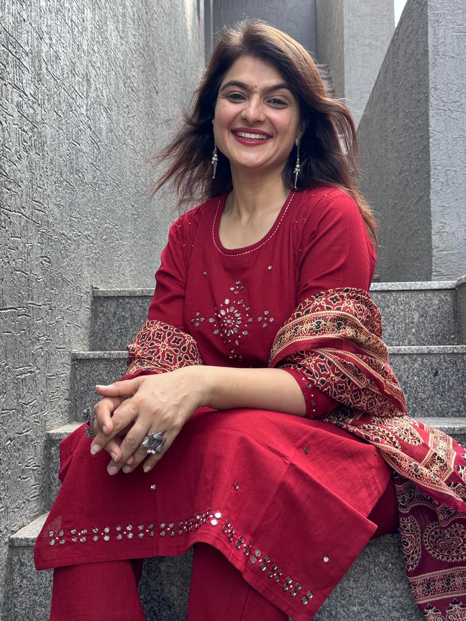 Brick Red Cotton Kurti Set With Dupatta