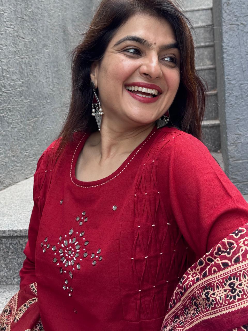 Brick Red Cotton Kurti Set With Dupatta