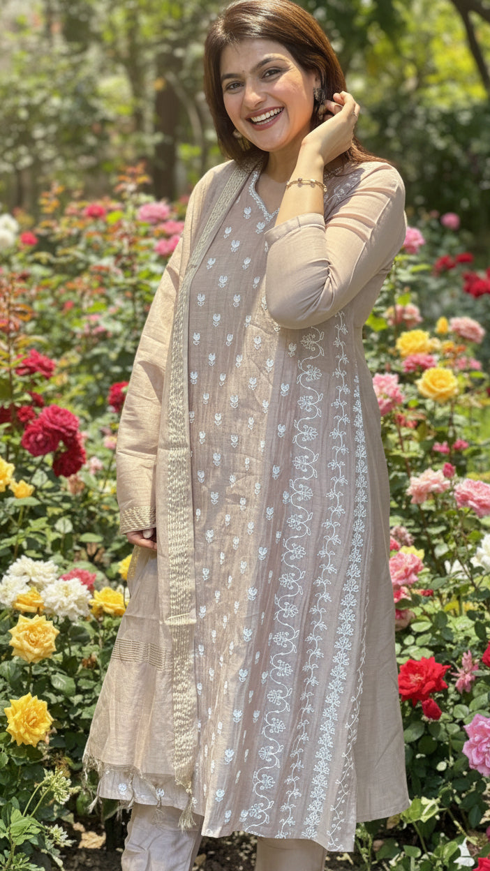 Pure Mul Chanderi Kurti Pant Set