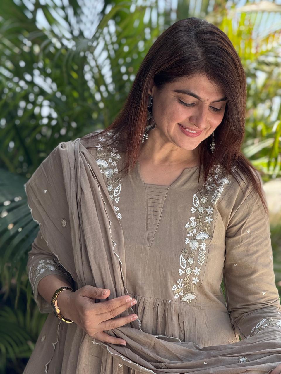 Beige Colour Mul Chanderi Suit Set