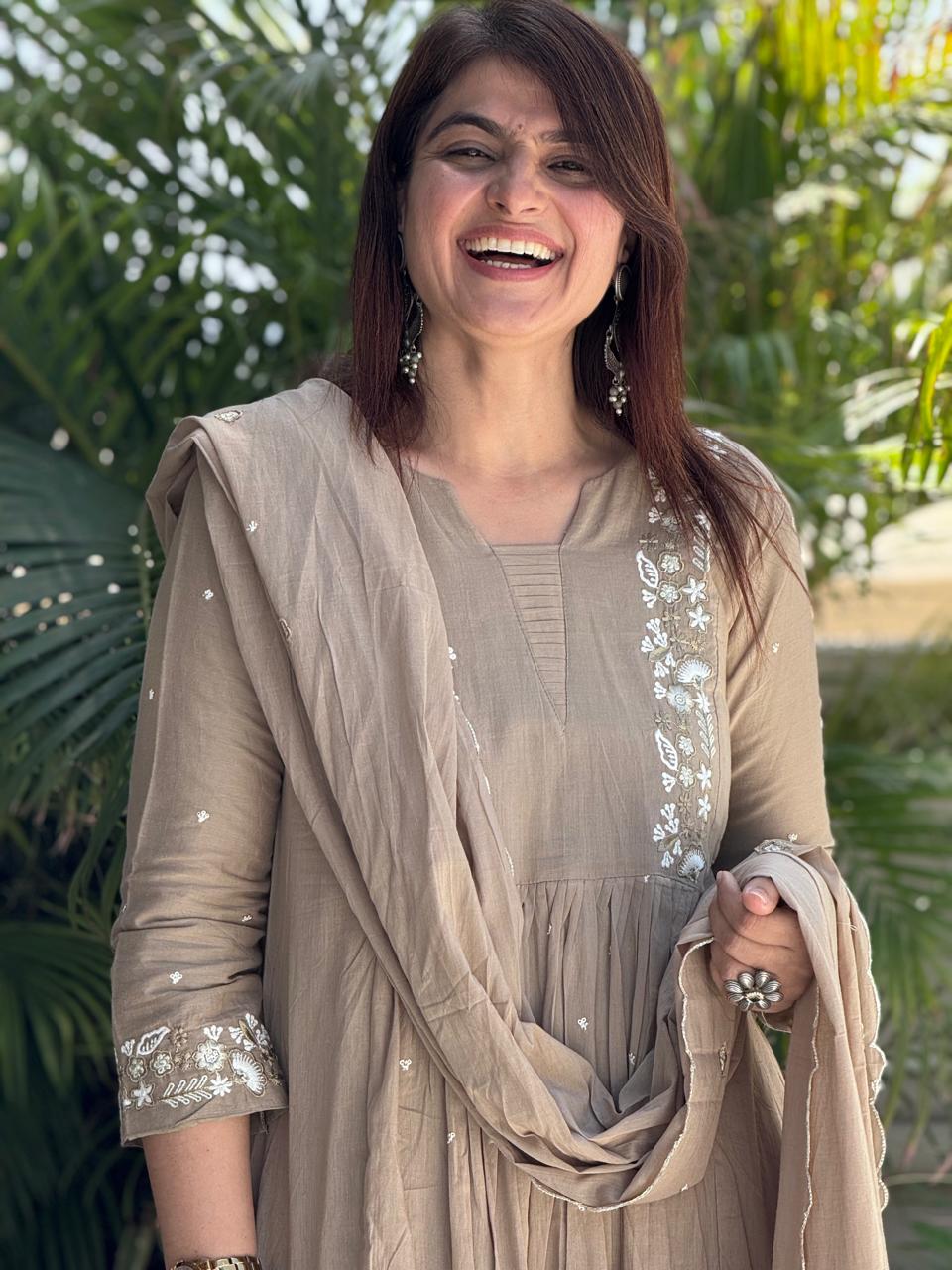 Beige Colour Mul Chanderi Suit Set