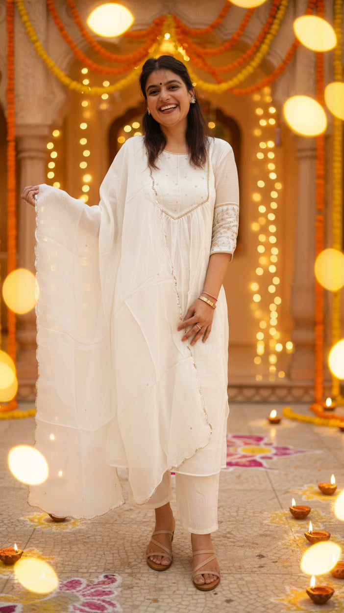 Mul Chanderi Off White Suit Set
