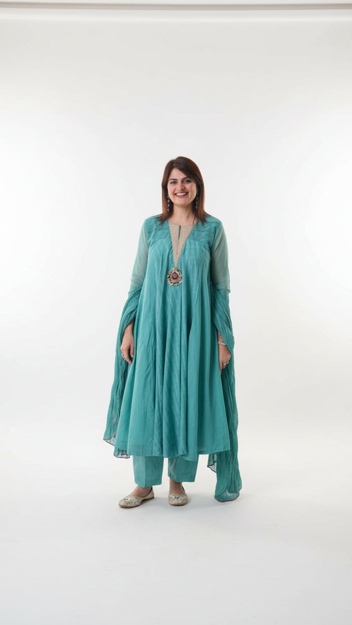 Green Pure Mul Chanderi Suit