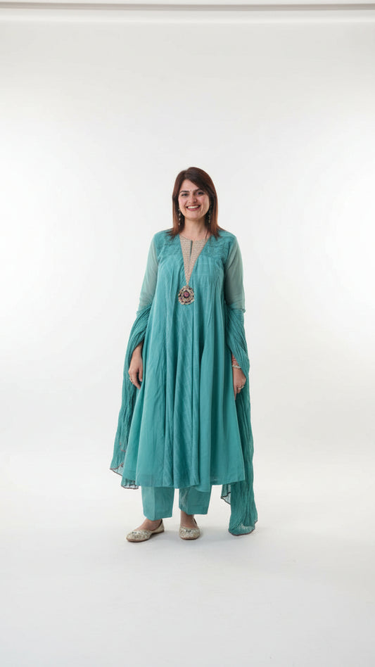 Green Pure Mul Chanderi Suit