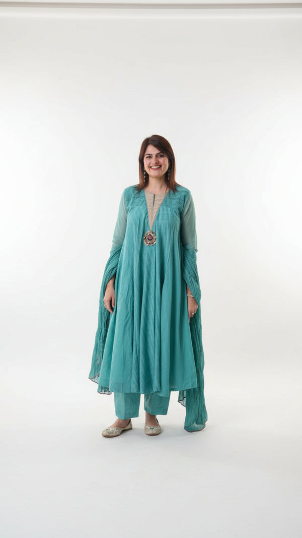 Green Pure Mul Chanderi Suit
