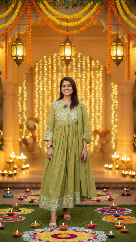 Parrot Green Anarkali Suit Set