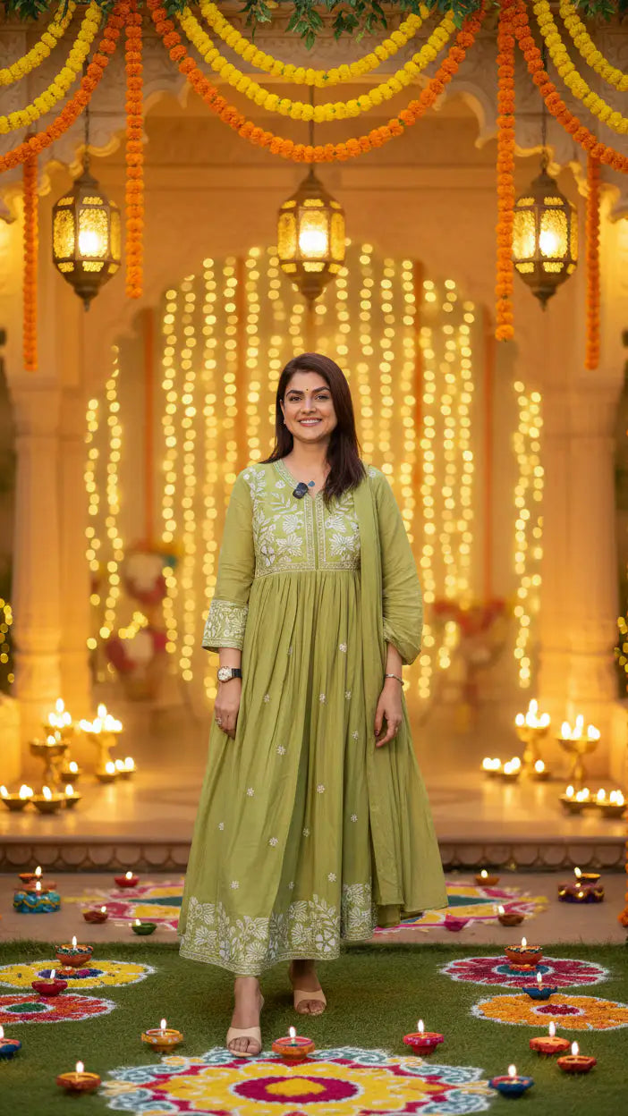 Parrot Green Anarkali Suit Set