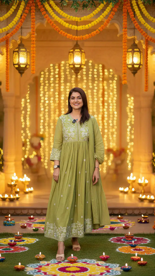 Parrot Green Anarkali Suit Set