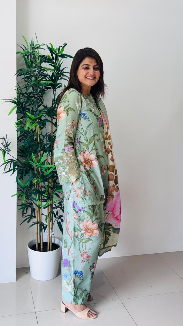 Floral Short Kurti With Farsi Salwar
