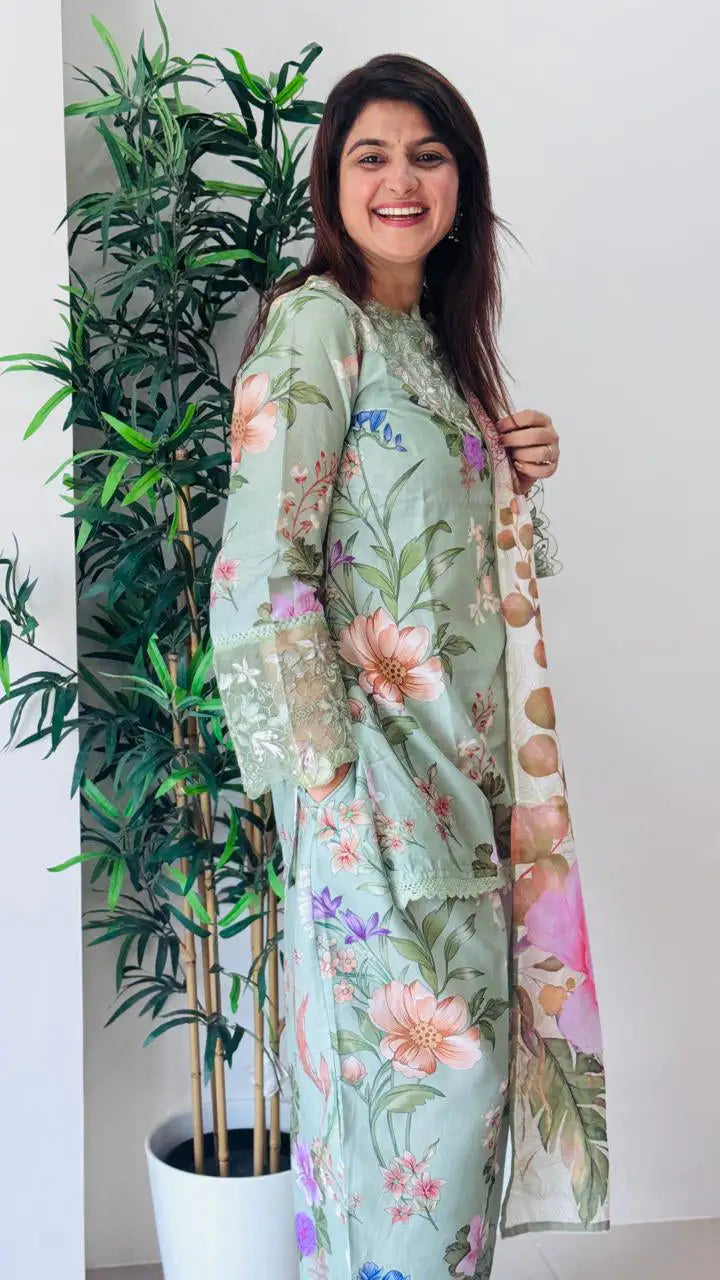 Floral Short Kurti With Farsi Salwar