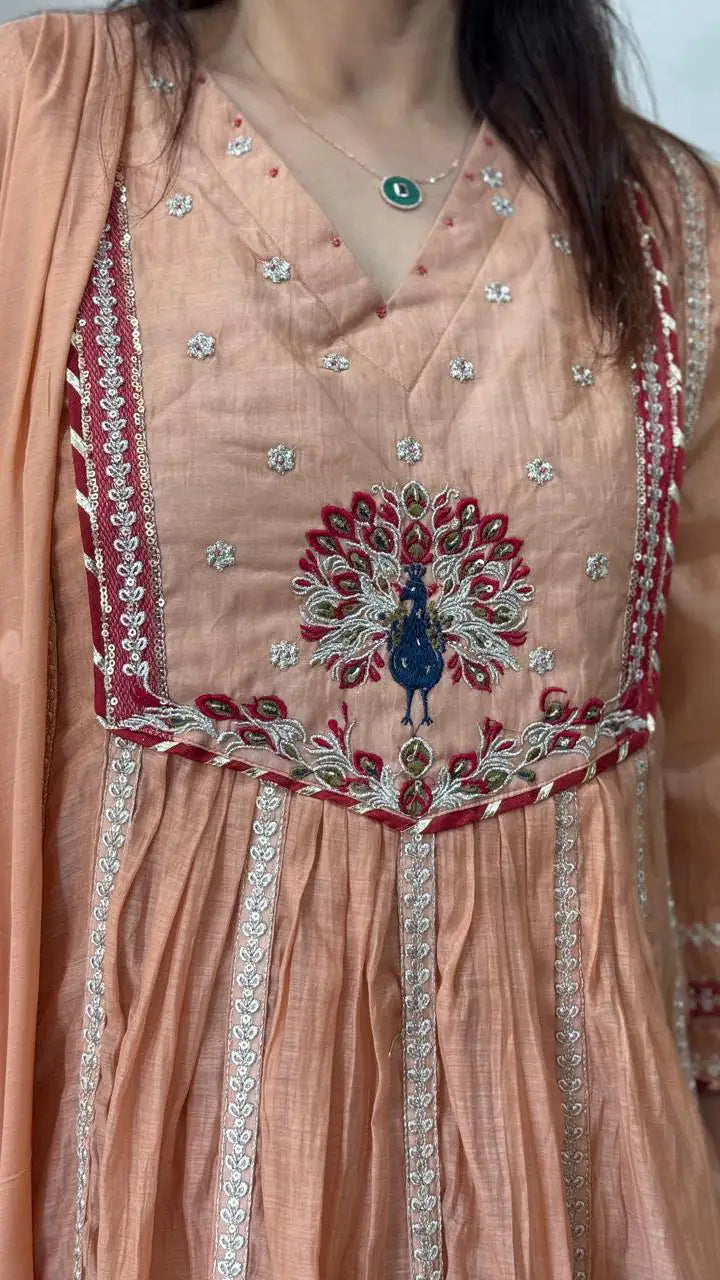 Pure Mul Chanderi Peach Anarkali Suit Set