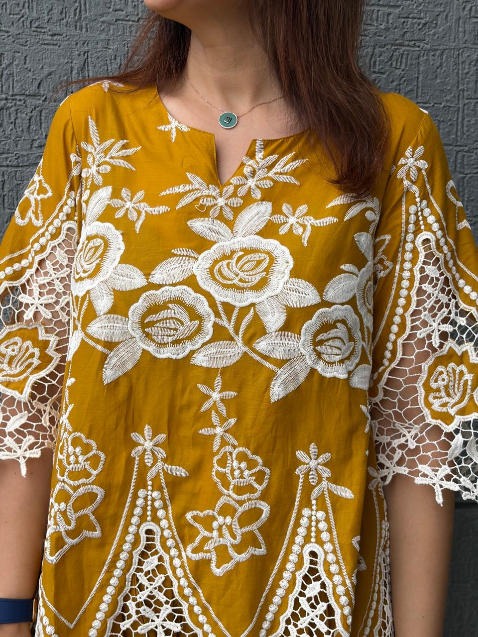 Mustered Yellow Short Kurti Set