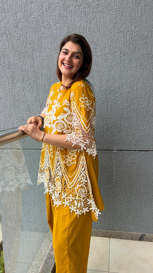 Mustered Yellow Short Kurti Set