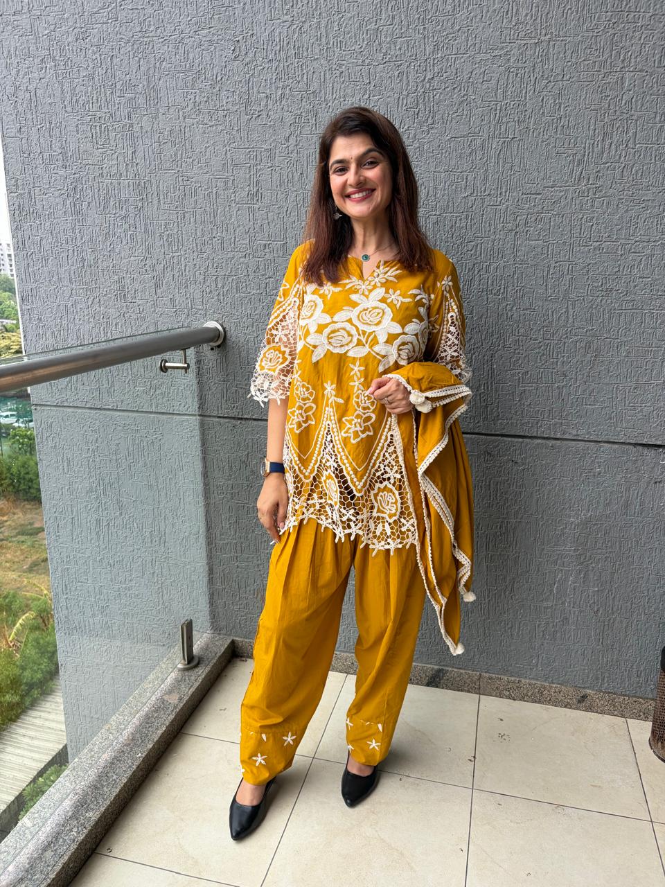 Mustered Yellow Short Kurti Set