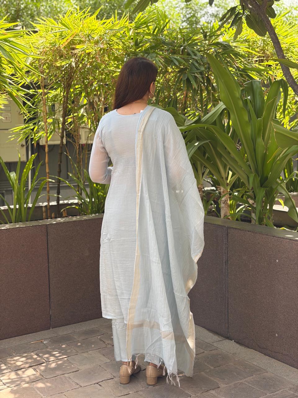 Ice Blue Mul Chanderi Suit Set