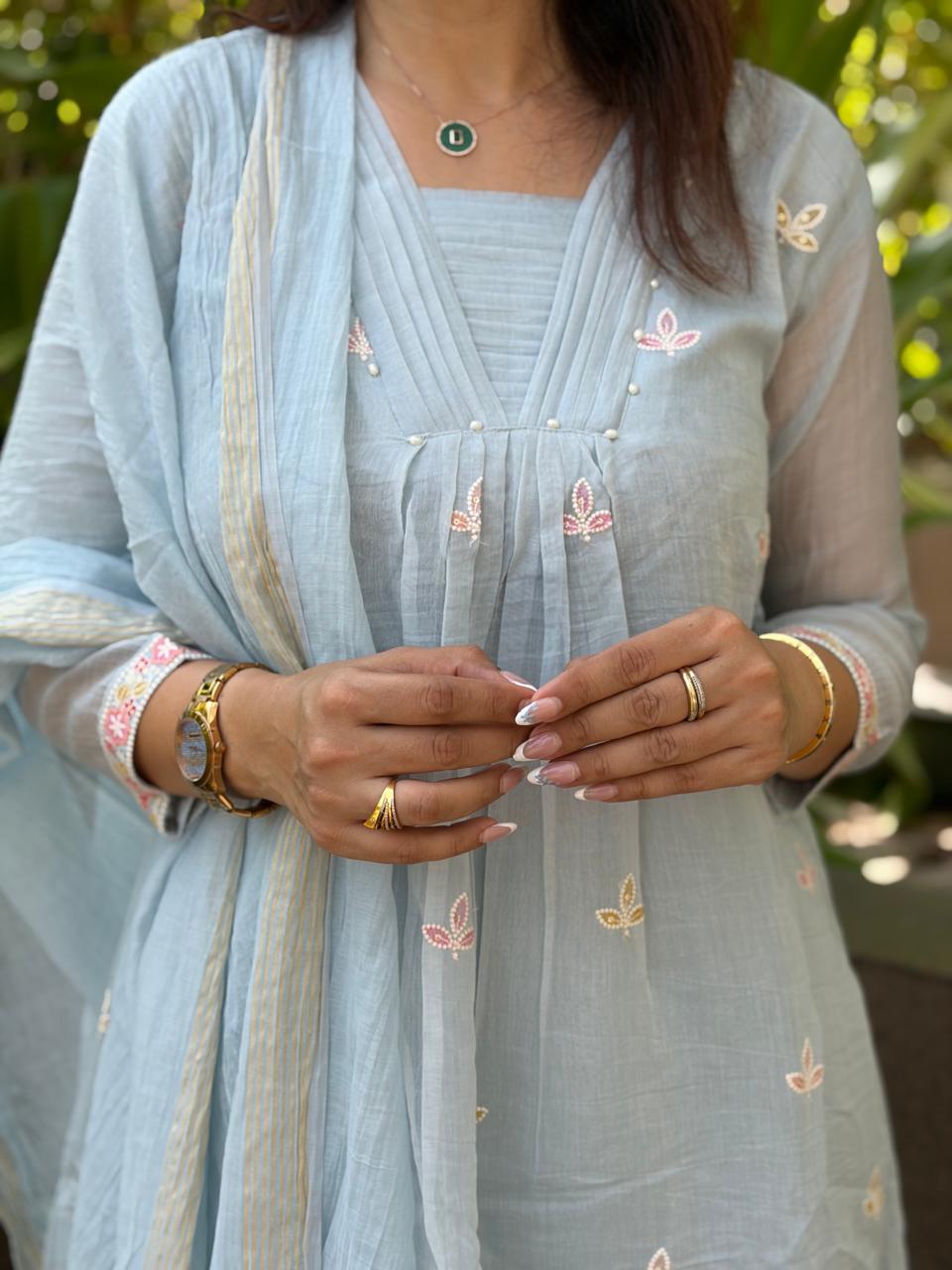 Ice Blue Mul Chanderi Suit Set