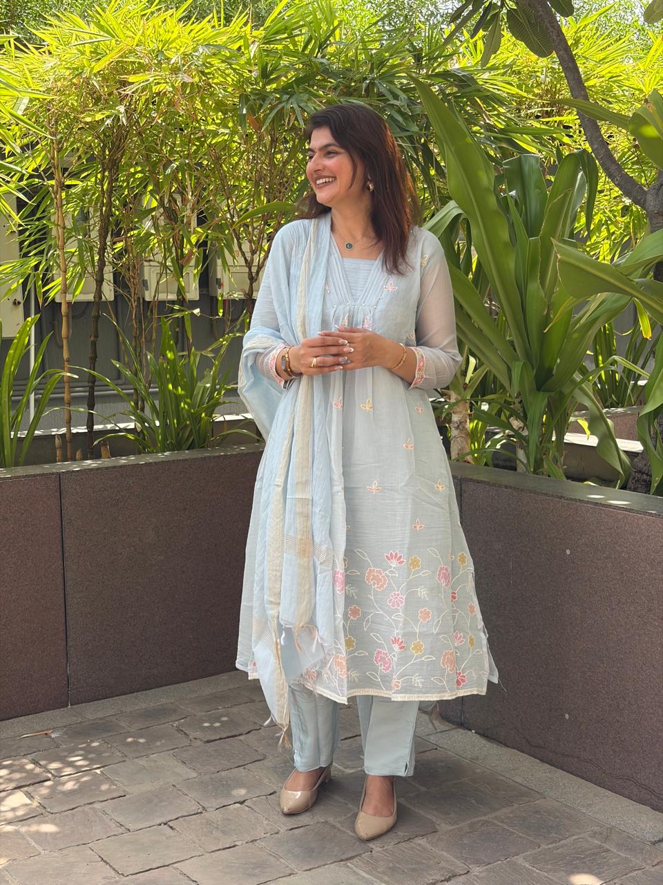 Ice Blue Mul Chanderi Suit Set