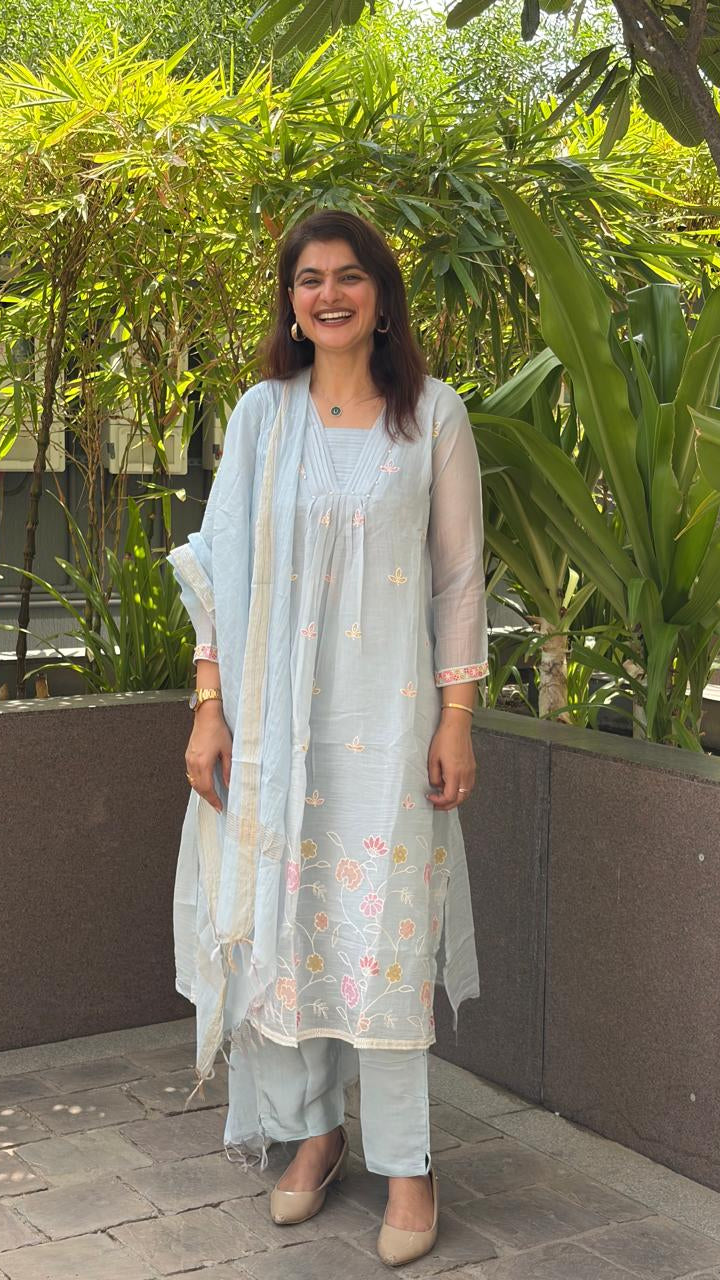 Ice Blue Mul Chanderi Suit Set