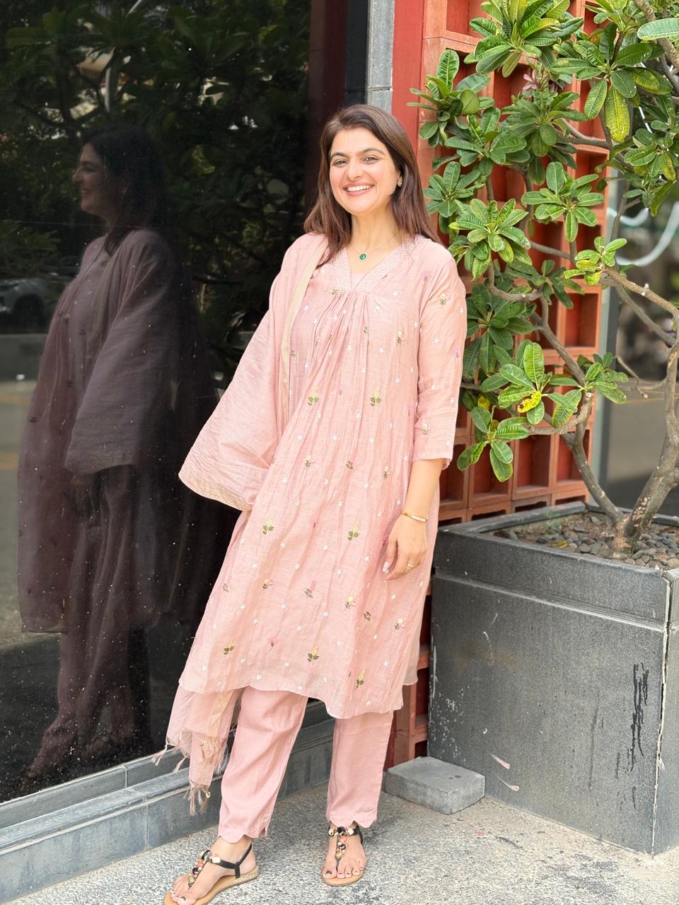 Blush Pink Mul Chanderi Suit Set