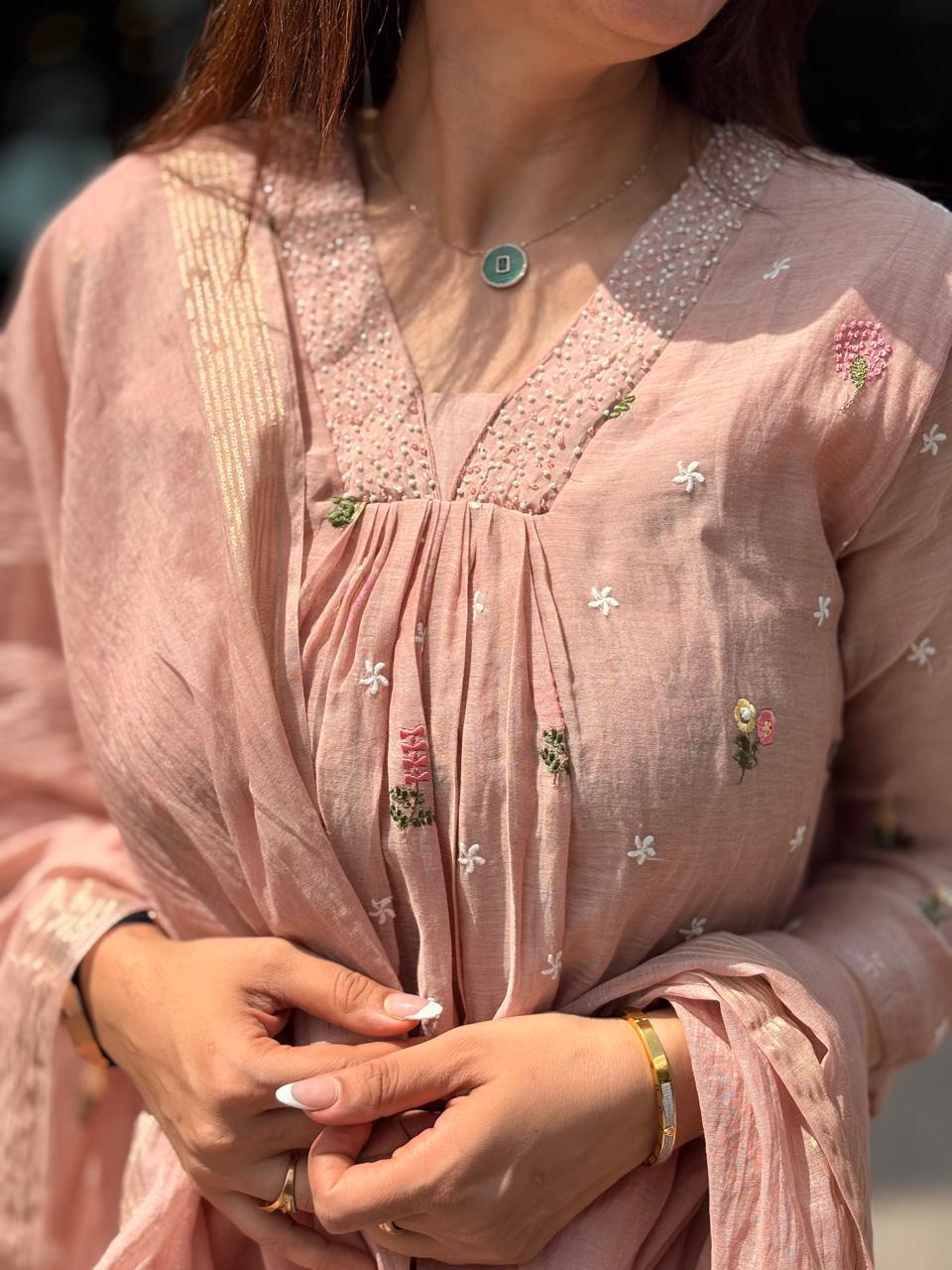 Blush Pink Mul Chanderi Suit Set