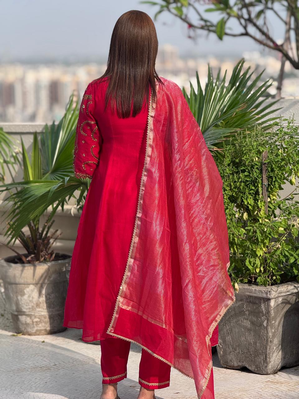 Red Banarsi Mul Chanderi Suit Set