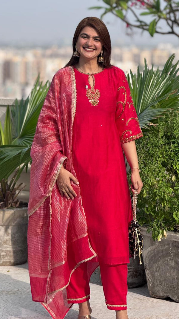 Red Banarsi Mul Chanderi Suit Set