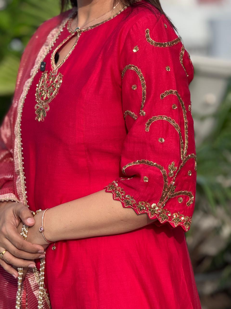 Red Banarsi Mul Chanderi Suit Set