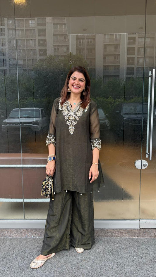 Dark Green Embroidered Kurti And Flared Pant Set