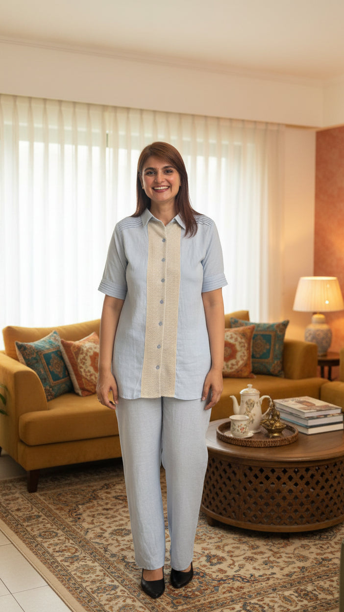 Powder Blue Crochet-Panel Cotton Co-ord Set