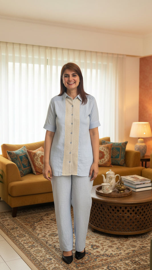 Powder Blue Crochet-Panel Cotton Co-ord Set