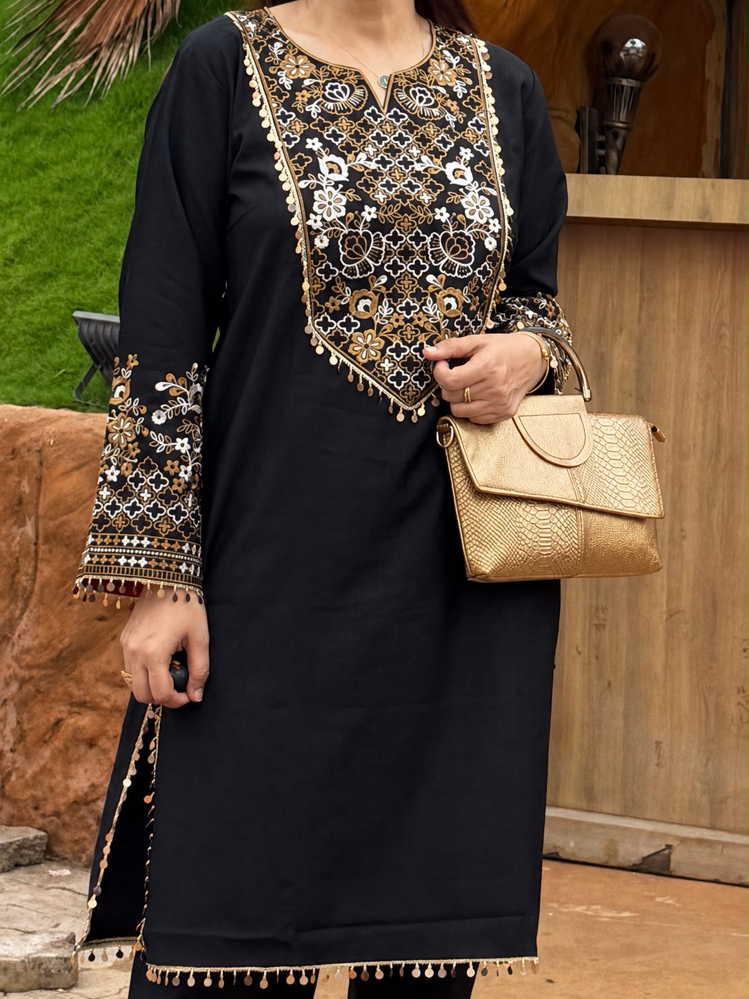 Black Embroidered Cotton Slub Kurta-Pant Set