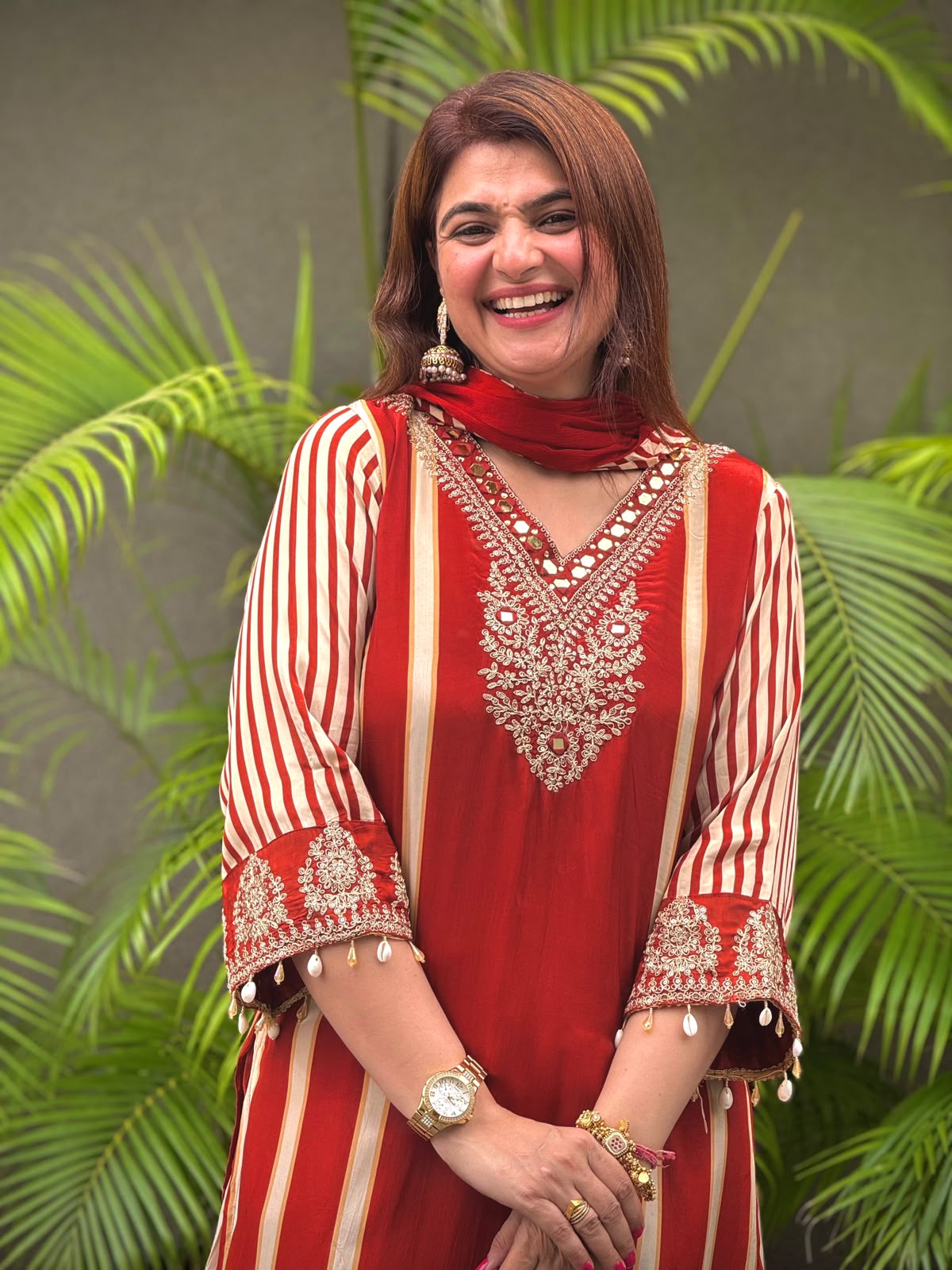 Scarlet Red and Ivory Striped Embroidered Festive Suit Set
