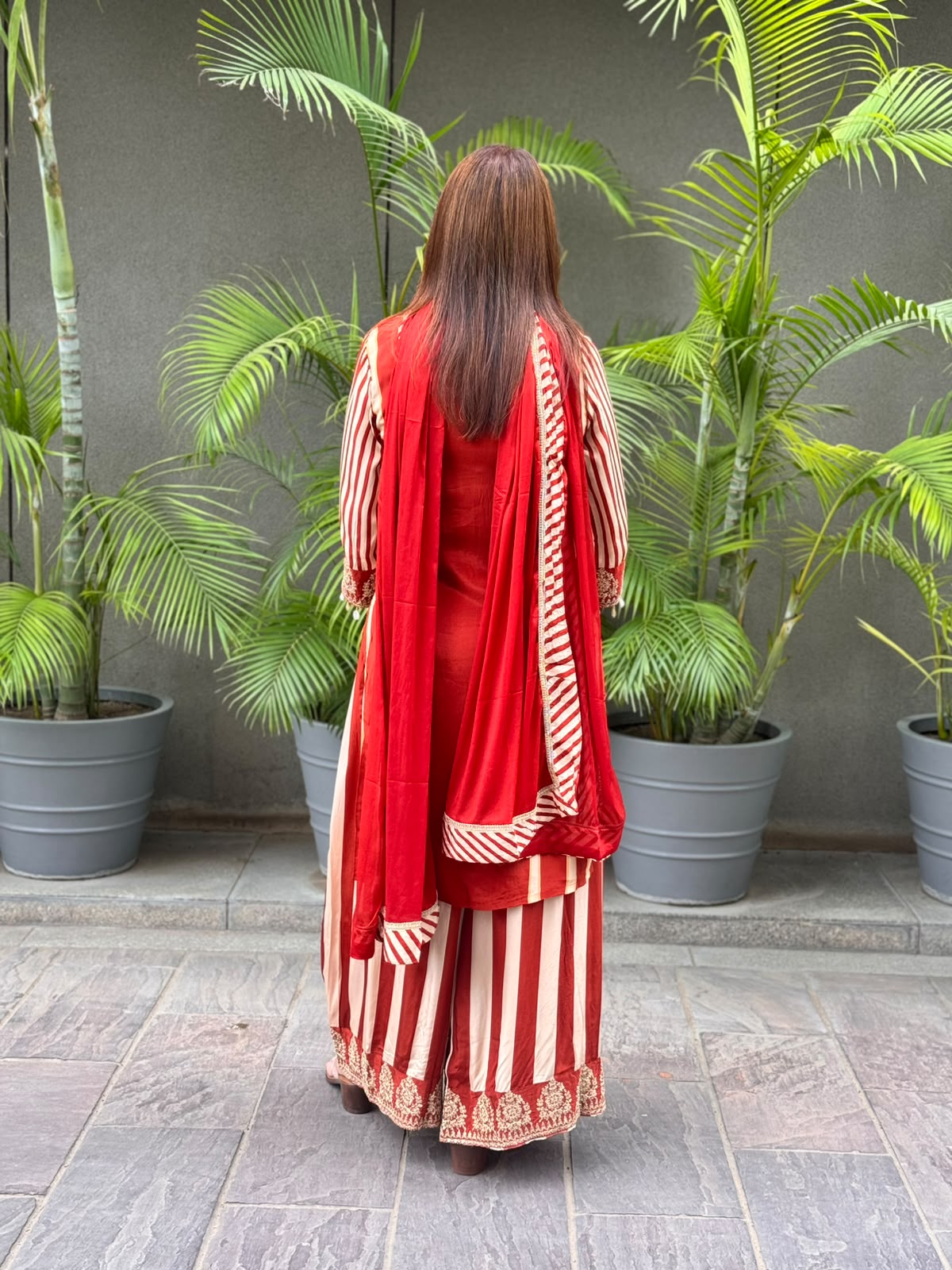 Scarlet Red and Ivory Striped Embroidered Festive Suit Set